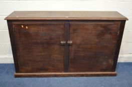 AN EARLY TO MID 20TH CENTURY STAINED WOOD TWO DOOR CABINET with three fixed shelves width 155cm x