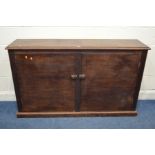 AN EARLY TO MID 20TH CENTURY STAINED WOOD TWO DOOR CABINET with three fixed shelves width 155cm x