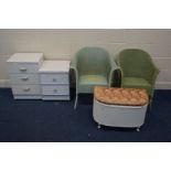 TWO VARIOUS GREEN PAINTED LLOYD LOOM BASKET ARMCHAIRS wicker ottoman and two various white bedside
