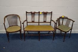 AN EDWARDIAN MAHOGANY TWO SEATER SOFA together with a corner chair and a bow back armchair (3)