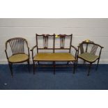 AN EDWARDIAN MAHOGANY TWO SEATER SOFA together with a corner chair and a bow back armchair (3)