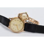 A LADIES AND A GENTS 9CT GOLD WRIST WATCHES, the ladies 'Chalet' wristwatch, discoloured silver dial
