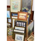PAINTINGS AND PRINTS, ETC, to include sailing boats before fishermens cottages, indistinctly signed,