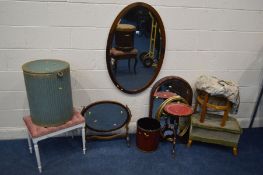 AN EDWARDIAN MAHOGANY OVAL BEVELLED EDGE WALL MIRROR together with a mahogany toilet mirror two