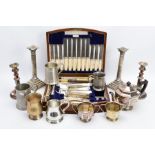 A SELECTION OF METALWARE, to include a three piece EPNS tea service, which includes a teapot,