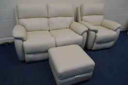 A CREAM LEATHER ELECTRIC RECLINING THREE PIECE LOUNGE SUITE comprising a two seater settee width