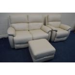 A CREAM LEATHER ELECTRIC RECLINING THREE PIECE LOUNGE SUITE comprising a two seater settee width