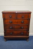 A VICTORIAN STAINED MAHOGANY CHEST OF TWO SHORT OVER THREE LONG DRAWERS on baluster legs width 110cm