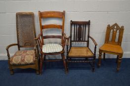 A GOLDEN OAK GOTHIC HALL CHAIR together with an oak cane seated elbow chair stained beech Windsor