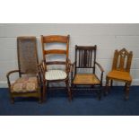 A GOLDEN OAK GOTHIC HALL CHAIR together with an oak cane seated elbow chair stained beech Windsor