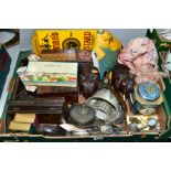 A BOX OF TREEN, COLLECTABLES, etc, including tins, two fitted with quartz clock movements, boxed
