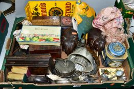 A BOX OF TREEN, COLLECTABLES, etc, including tins, two fitted with quartz clock movements, boxed