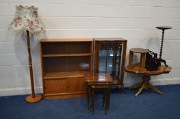 A QUANTITY OF OCCASIONAL FURNITURE to include a teak glazed bookcase width 92cm x depth 28cm x