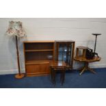 A QUANTITY OF OCCASIONAL FURNITURE to include a teak glazed bookcase width 92cm x depth 28cm x