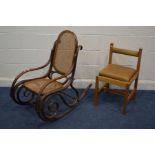 A BENTWOOD ROCKING CHAIR with cane seat and back together with a pine chair (2)