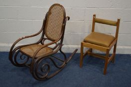 A BENTWOOD ROCKING CHAIR with cane seat and back together with a pine chair (2)