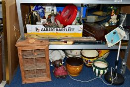 A BOX AND LOOSE CERAMICS, PICTURES, SUNDRIES etc, to include Matchplay Lords 3000 cricket bat, a VLF