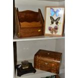 WOODEN STATIONERY ITEMS, ETC, to include parquetry decorated writing slope, distressed leather