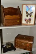 WOODEN STATIONERY ITEMS, ETC, to include parquetry decorated writing slope, distressed leather
