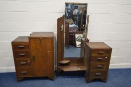 AN 1930'S/40'S OAK TWO PIECE BEDROOM SUITE, comprising a side by side dressing table, with a