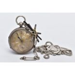 A SILVER OPEN FACED POCKET WATCH WITH KEY AND A WHITE METAL CHAIN WITH FOB, silver and gold detailed