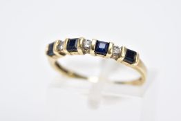 A SAPPHIRE AND DIAMOND HALF HOOP RING, the yellow metal ring designed with a row of four-square