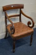 A VICTORIAN MAHOGANY BAR BACK ARMCHAIR, with brown buttoned leather upholstery with scrolled arms