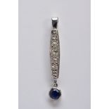 A WHITE METAL DIAMOND AND SAPPHIRE PENDANT, designed with a curved elongated rectangular drop set