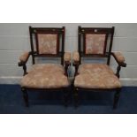 A PAIR OF EDWARDIAN OAK OPEN ARMCHAIRS, with outswept armrests