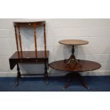 A MAHOGANY SOFA TABLE with two drawers, together with an ovel pedestal coffee table, wine table