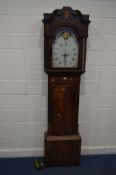 GEORGE IV MAHOGANY AND STRUNG EIGHT DAY LONGCASE CLOCK, the hood with a swan neck pediment, above