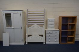A MODERN WHITE PAINTED PINE THREE PIECE BEDROOM SUITE, comprising a double door wardrobe, width