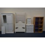 A MODERN WHITE PAINTED PINE THREE PIECE BEDROOM SUITE, comprising a double door wardrobe, width