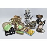 A BOX OF METALWARE, to include a three piece vanity set of a hair brush, mirror and clothes brush of