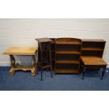 THREE VARIOUS OAK OPEN BOOKCASES, together with a Victorian pine occasional table, oak occasional
