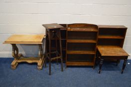 THREE VARIOUS OAK OPEN BOOKCASES, together with a Victorian pine occasional table, oak occasional