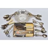 A QUANTITY OF CUTLERY AND A BON BON DISH, to include a William IV silver fiddle sauce ladle with
