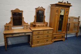 A MATCHED EDWARDIAN SATINWOOD FOUR PIECE BEDROOM SUITE, comprising a mirrored single door wardrobe