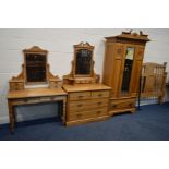 A MATCHED EDWARDIAN SATINWOOD FOUR PIECE BEDROOM SUITE, comprising a mirrored single door wardrobe