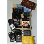 A BOX OF PHOTOGRAPHY EQUIPMENT AND CAMERAS, including a boxed Kodak No2 'Hawk Eye' model CC, a