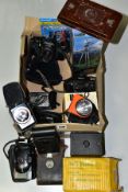 A BOX OF PHOTOGRAPHY EQUIPMENT AND CAMERAS, including a boxed Kodak No2 'Hawk Eye' model CC, a