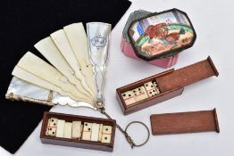 A SELECTION OF ITEMS, to include a white metal and enamel snuff box depicting two cocks fighting,