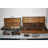 TWO VINTAGE WOODEN CARPENTER TOOLBOXES including one oak box , a dowel plane, a Record no 50