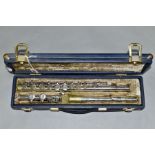 A CASED BOOSEY & HAWKES EMPEROR SILVER PLATED FLUTE, serial no 543524, the first section stamped '
