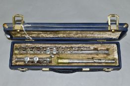 A CASED BOOSEY & HAWKES EMPEROR SILVER PLATED FLUTE, serial no 543524, the first section stamped '