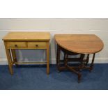 A LIGHT OAK SIDE TABLE with two drawers, width 85cm x depth 43cm x height 81cm and an oak gate leg