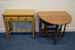 A LIGHT OAK SIDE TABLE with two drawers, width 85cm x depth 43cm x height 81cm and an oak gate leg