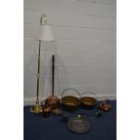 A QUANTITY OF VARIOUS BRASS AND COPPER, to include two large copper jam pans, copper kettle,