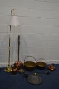 A QUANTITY OF VARIOUS BRASS AND COPPER, to include two large copper jam pans, copper kettle,