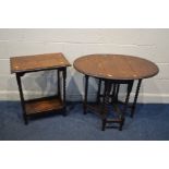 A SMALL OAK OVAL TOPPED BARLEY TWIST GATE LEG TABLE, together with an oak occasional table (2)